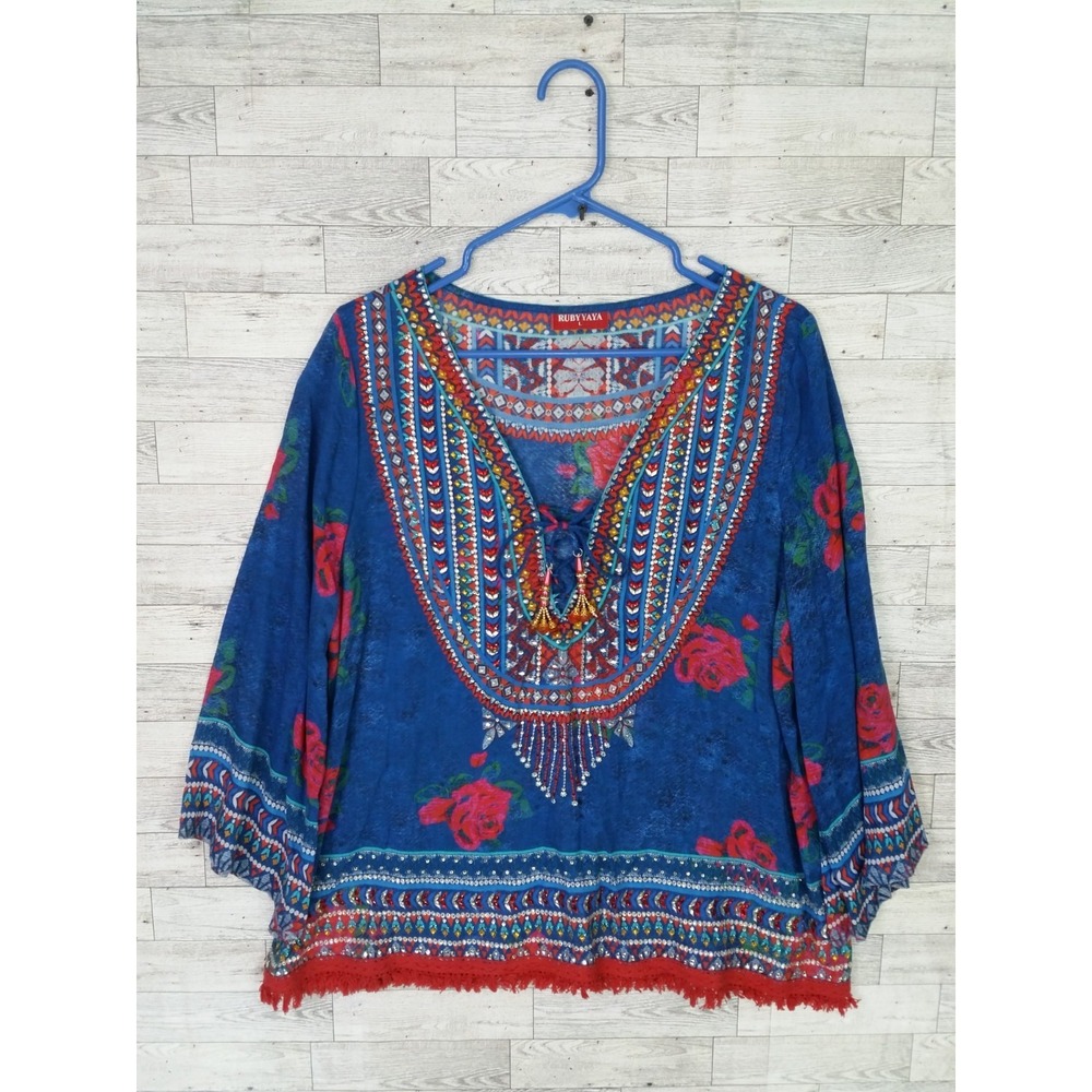 Women's Ruby Yaya Bell Sleeve Rhinestone Embellished Blouse Top Size Large L‎